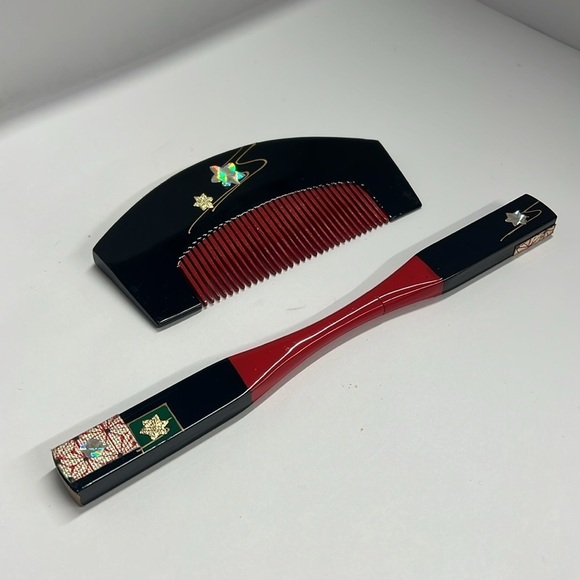 Vintage Japanese Wooden Kushi Comb & Makie Hair Ornament Set